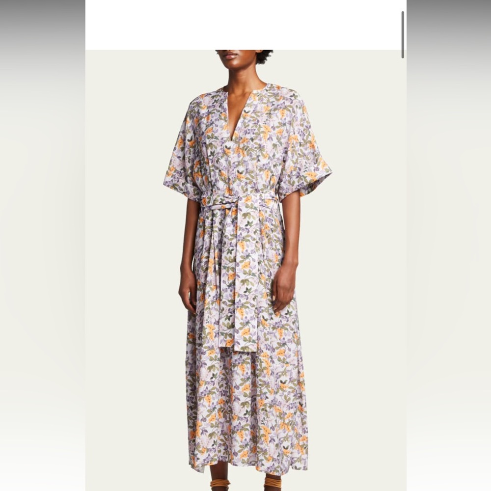 Wisteria Vine Cuffed-Sleeve Belted Maxi Dress
